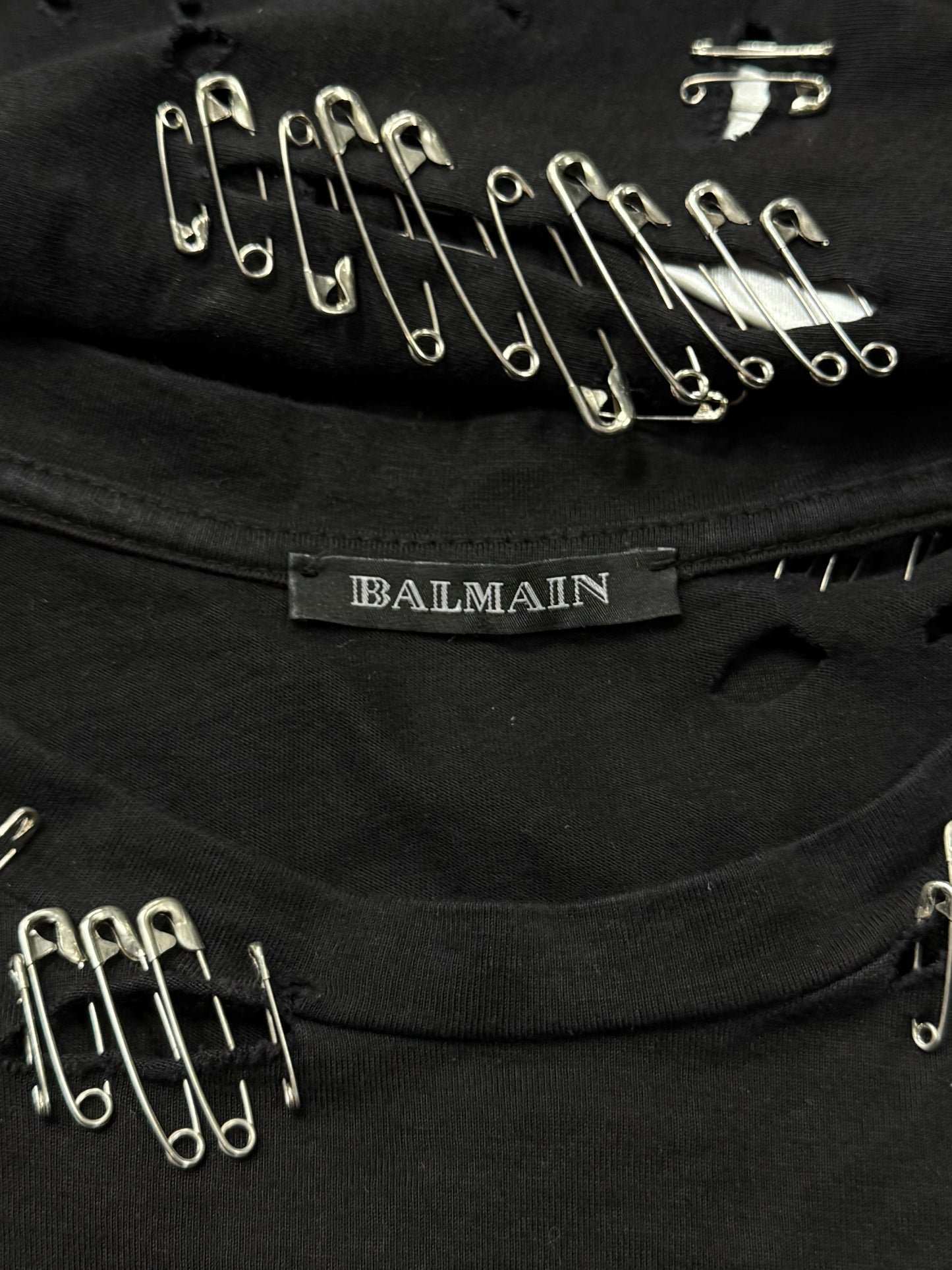 SS2011 Balmain by Christophe Decarnin ‘Safety Pin’ Distressed Black T-Shirt