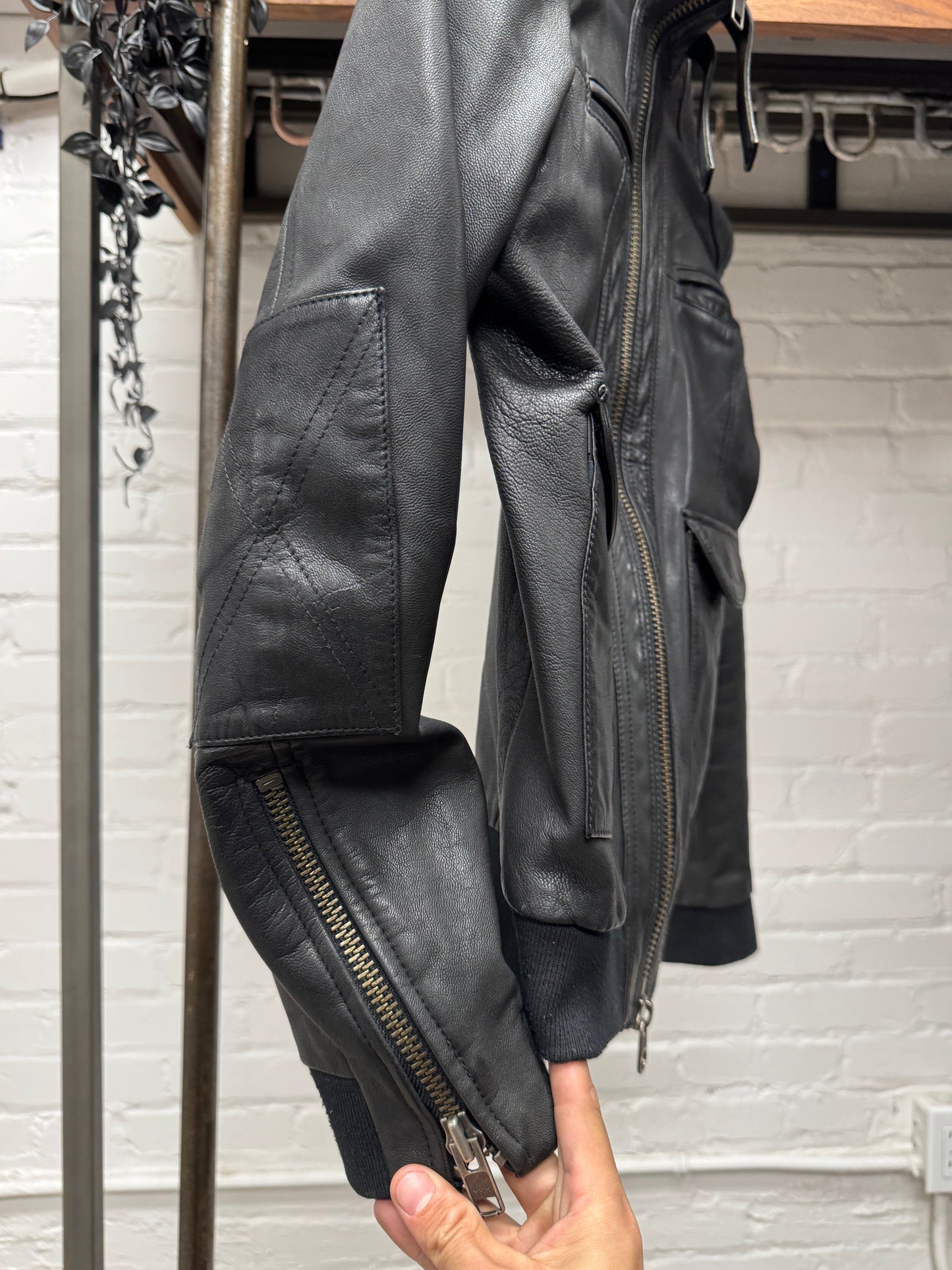 Vintage 90s Maison Martin Margiela ‘Rabbit Fur’ Blank Tag Black Leather Racing Jacket