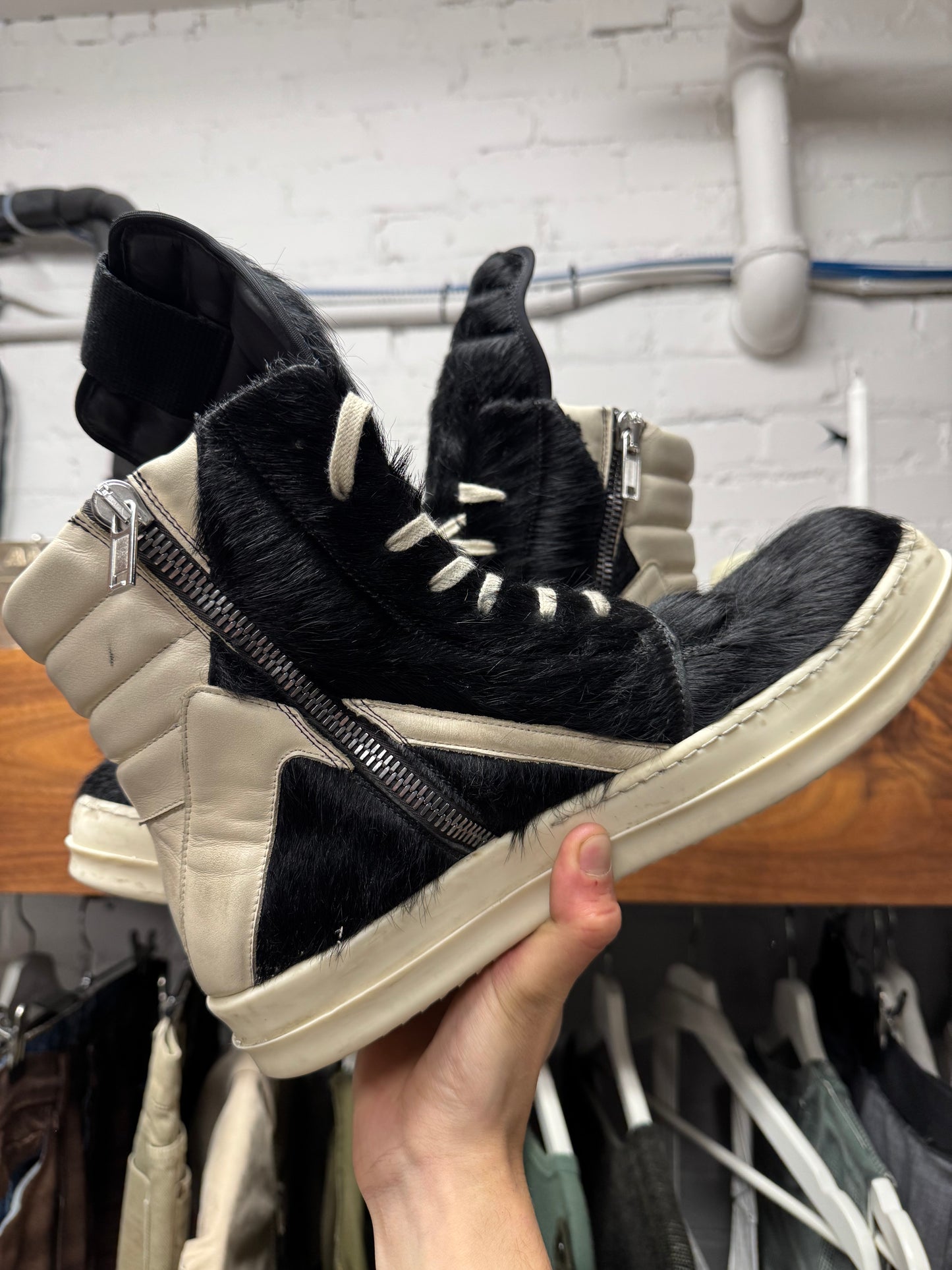 Rick Owens ‘Pony Hair’ Black/Milk ‘Geobasket’ High Top Sneakers