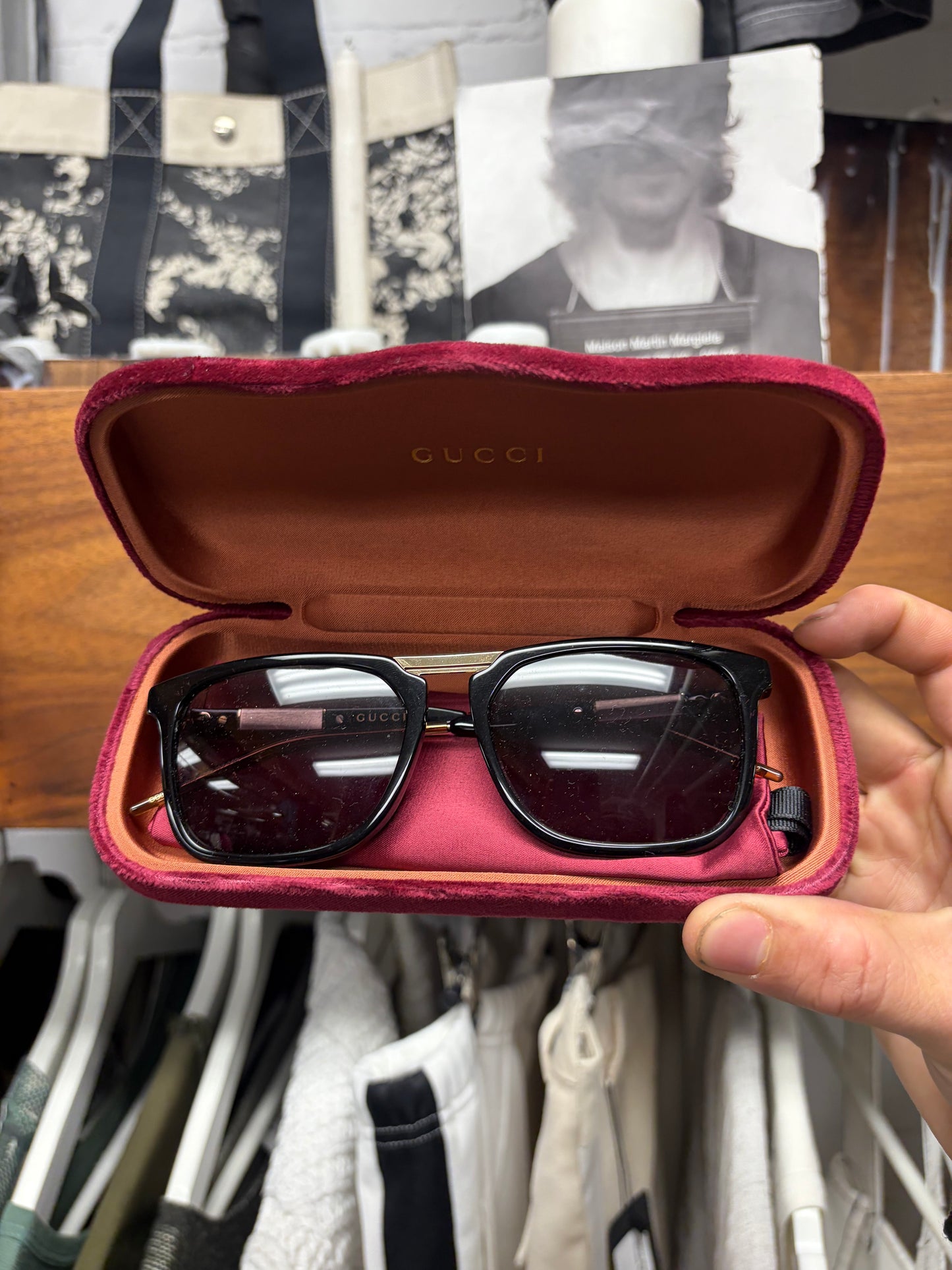 Gucci ‘GG0842S’ Square Frame Black/Gold Sunglasses