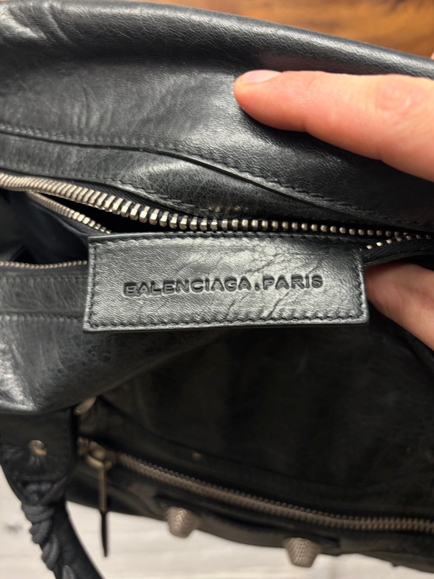 Balenciaga ‘Giant 21’ Tumbled Black Leather ‘City Bag’ with Silver Hardware