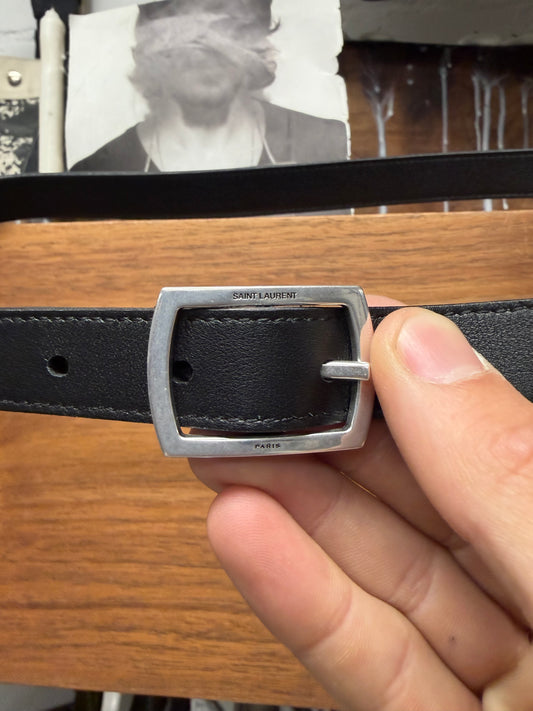 Saint Laurent ‘Minimalist’ Black Leather/Silver Buckle Thin Belt