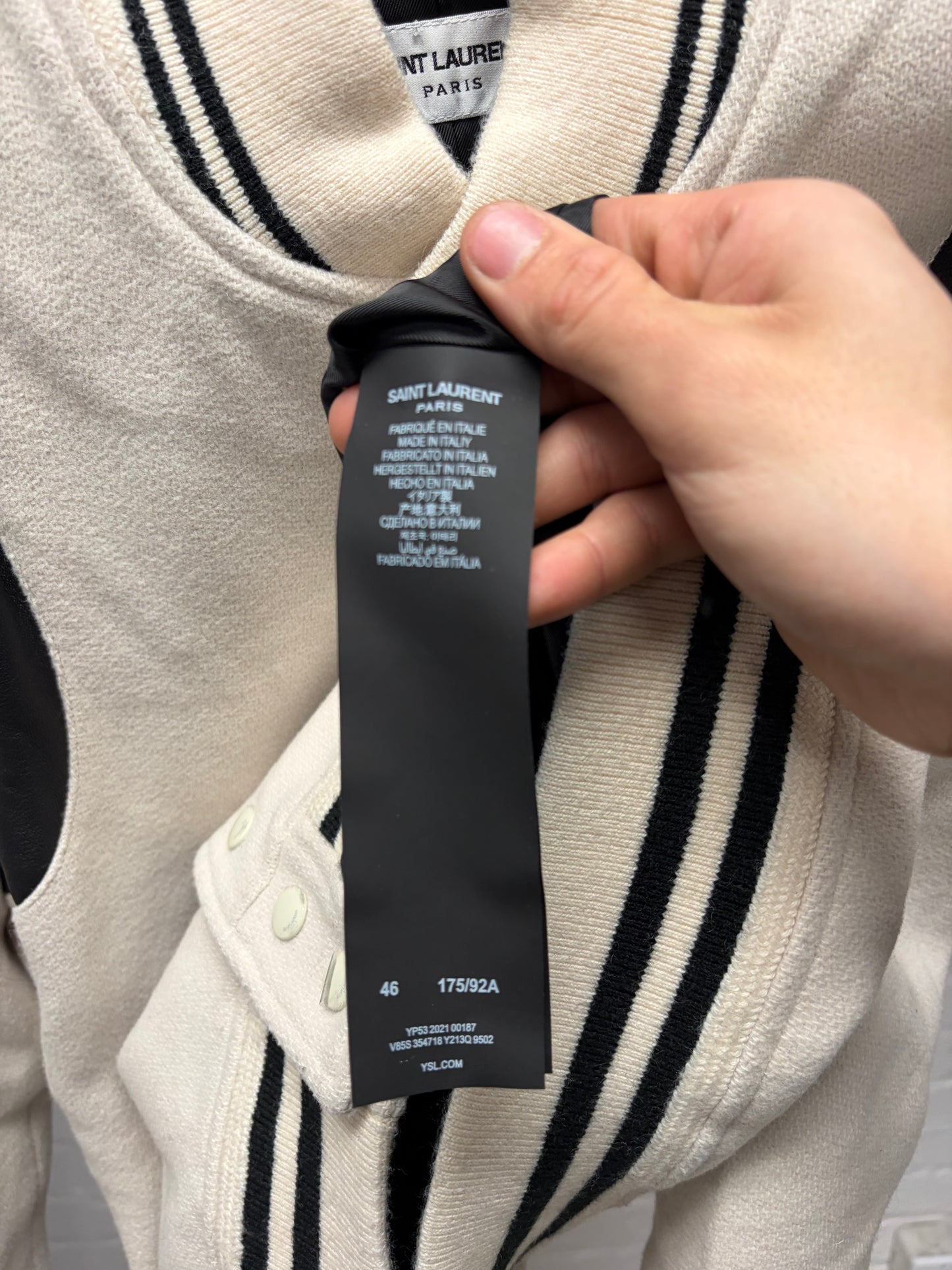 2021 Saint Laurent ‘Teddy’ Wool/Leather Cream White Varsity Jacket