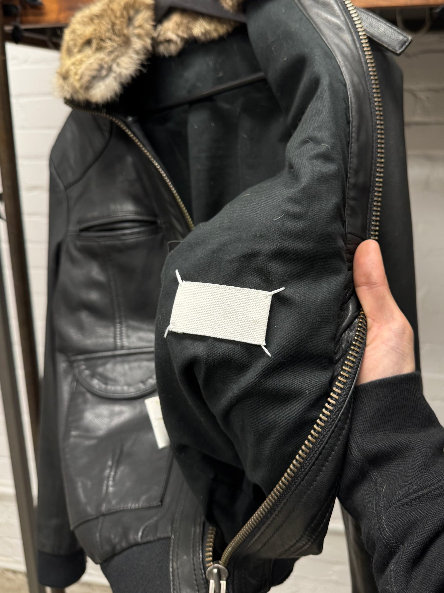Vintage 90s Maison Martin Margiela ‘Rabbit Fur’ Blank Tag Black Leather Racing Jacket