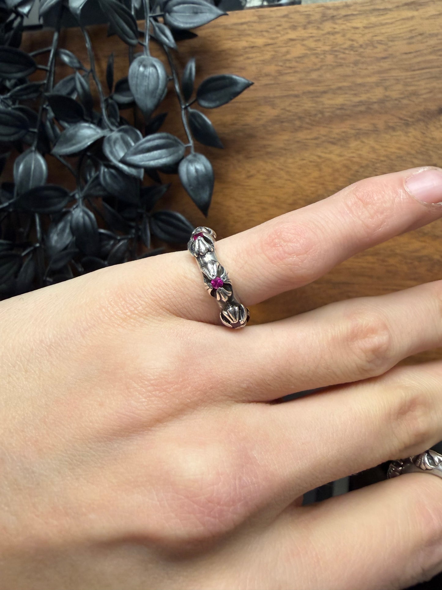 Chrome Hearts ‘Cross Band’ 925 Silver Ring with Factory Set Ruby Stones