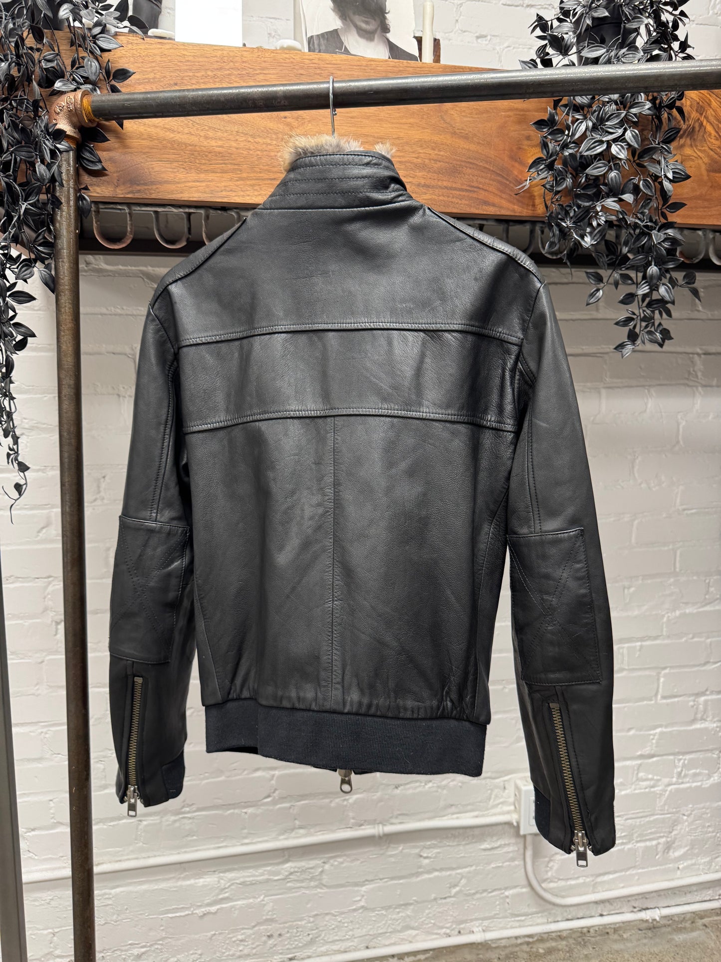 Vintage 90s Maison Martin Margiela ‘Rabbit Fur’ Blank Tag Black Leather Racing Jacket