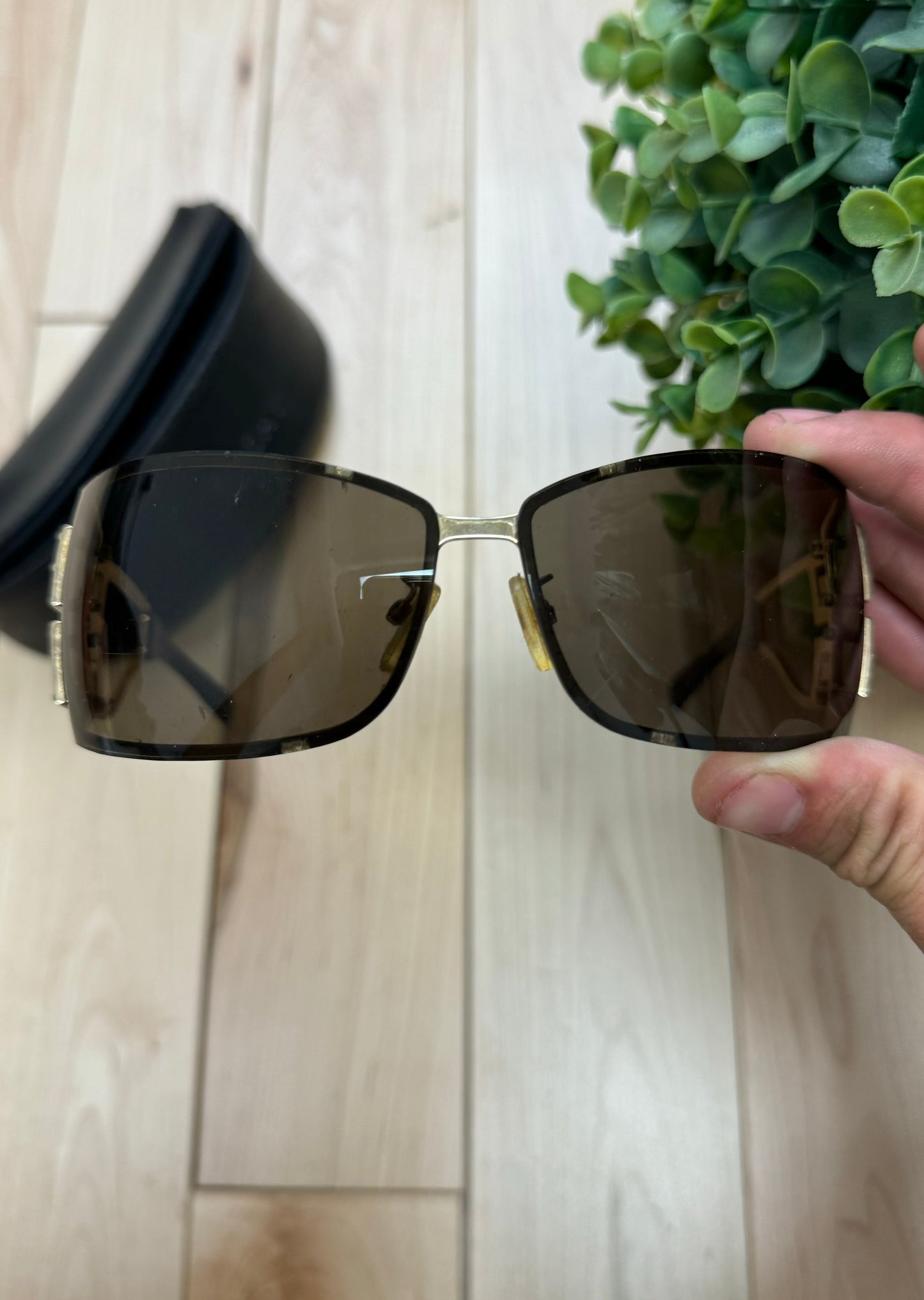 2000s Givenchy Gold Rhinestone Logo Rimless Sunglasses