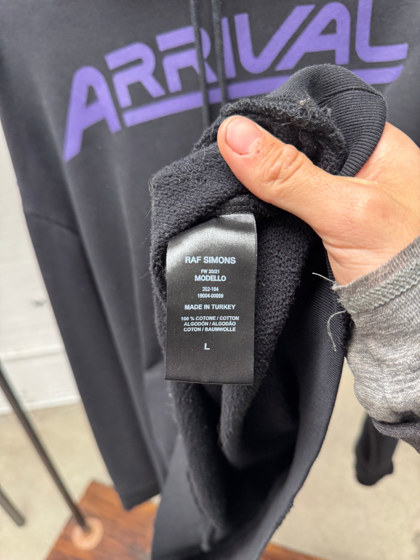 AW2020 Raf Simons ‘Arrival’ Black/Purple Distressed Pullover Hoodie