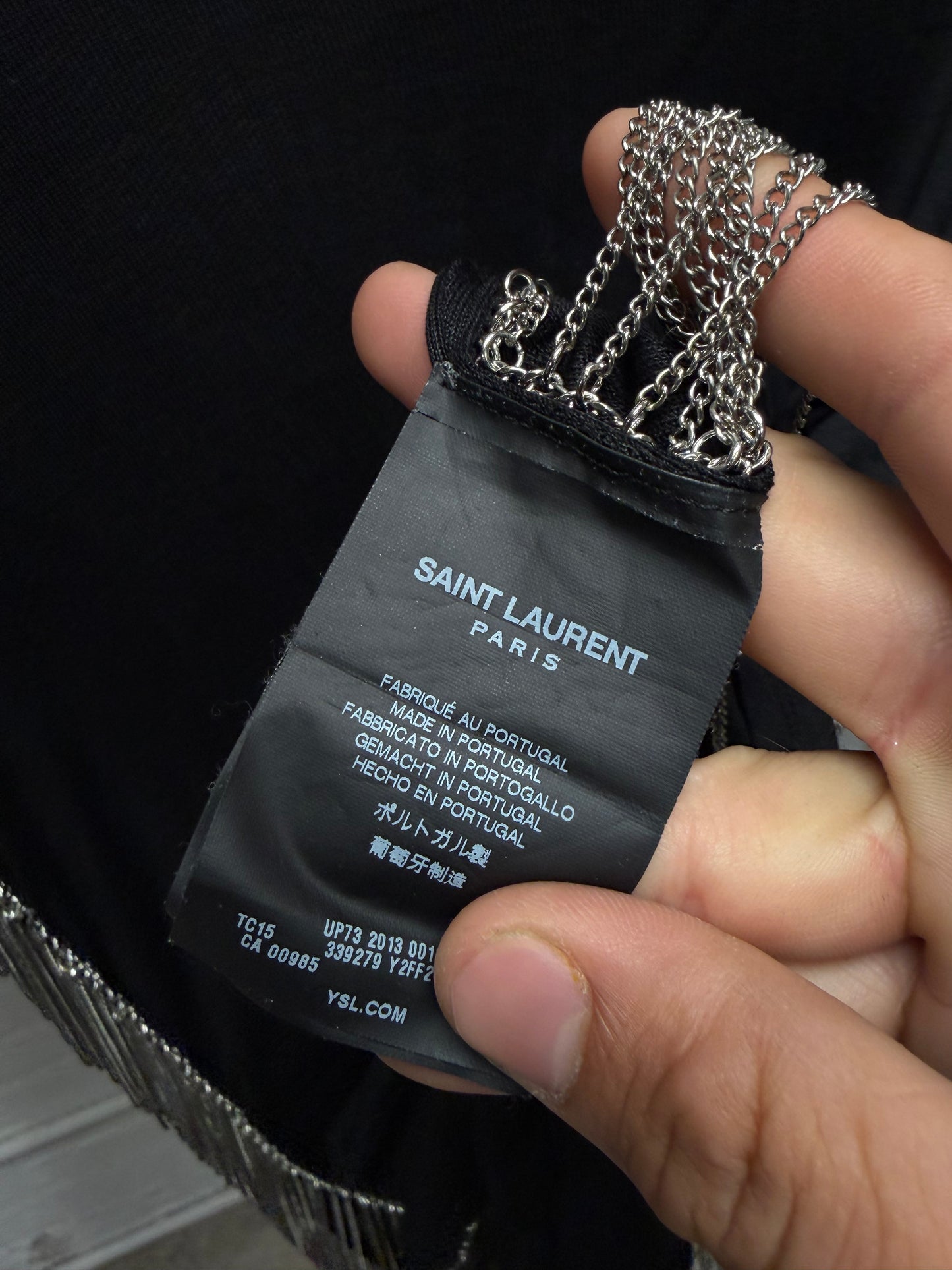 AW2013 Saint Laurent by Hedi Slimane ‘Chain Side Seam’ Runway Black Silk T-Shirt