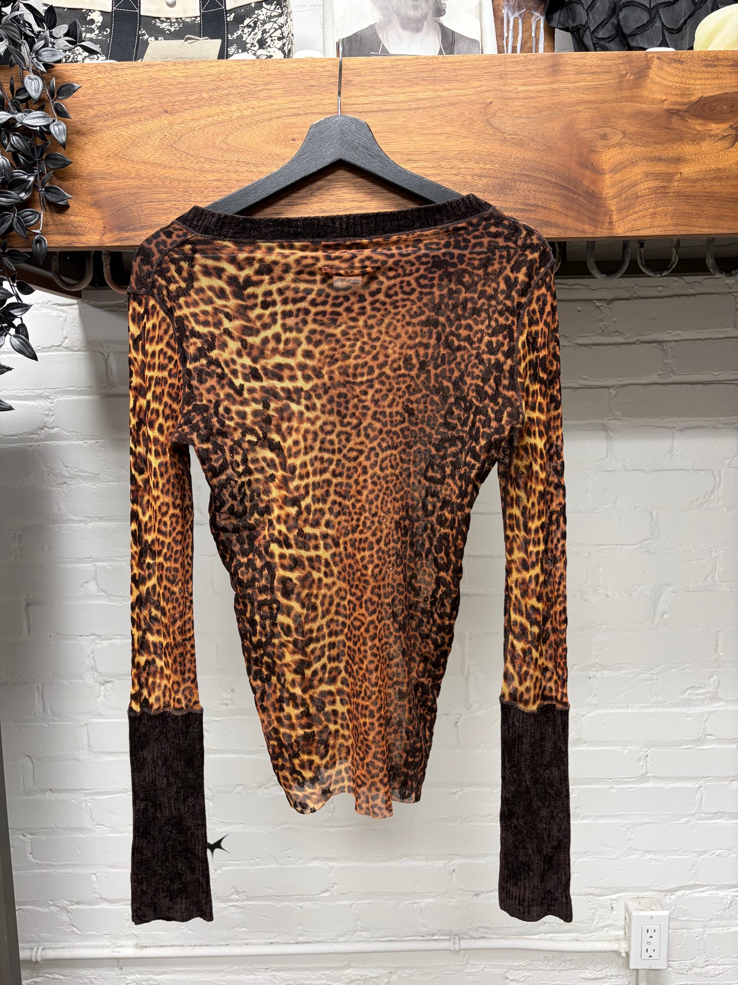 Vintage Jean Paul Gaultier Leopard Print Mesh Top with Velour Ribbed Sleeves