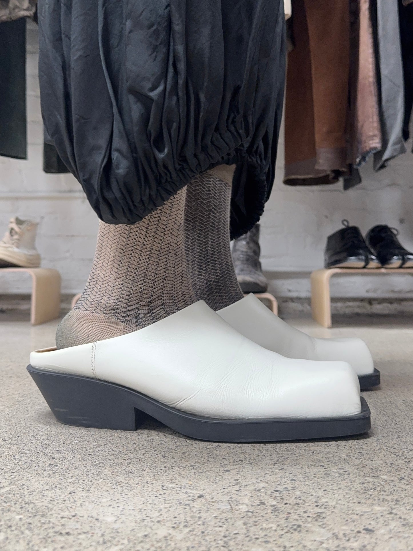 Marni Square Toe White Leather Slip On Mules