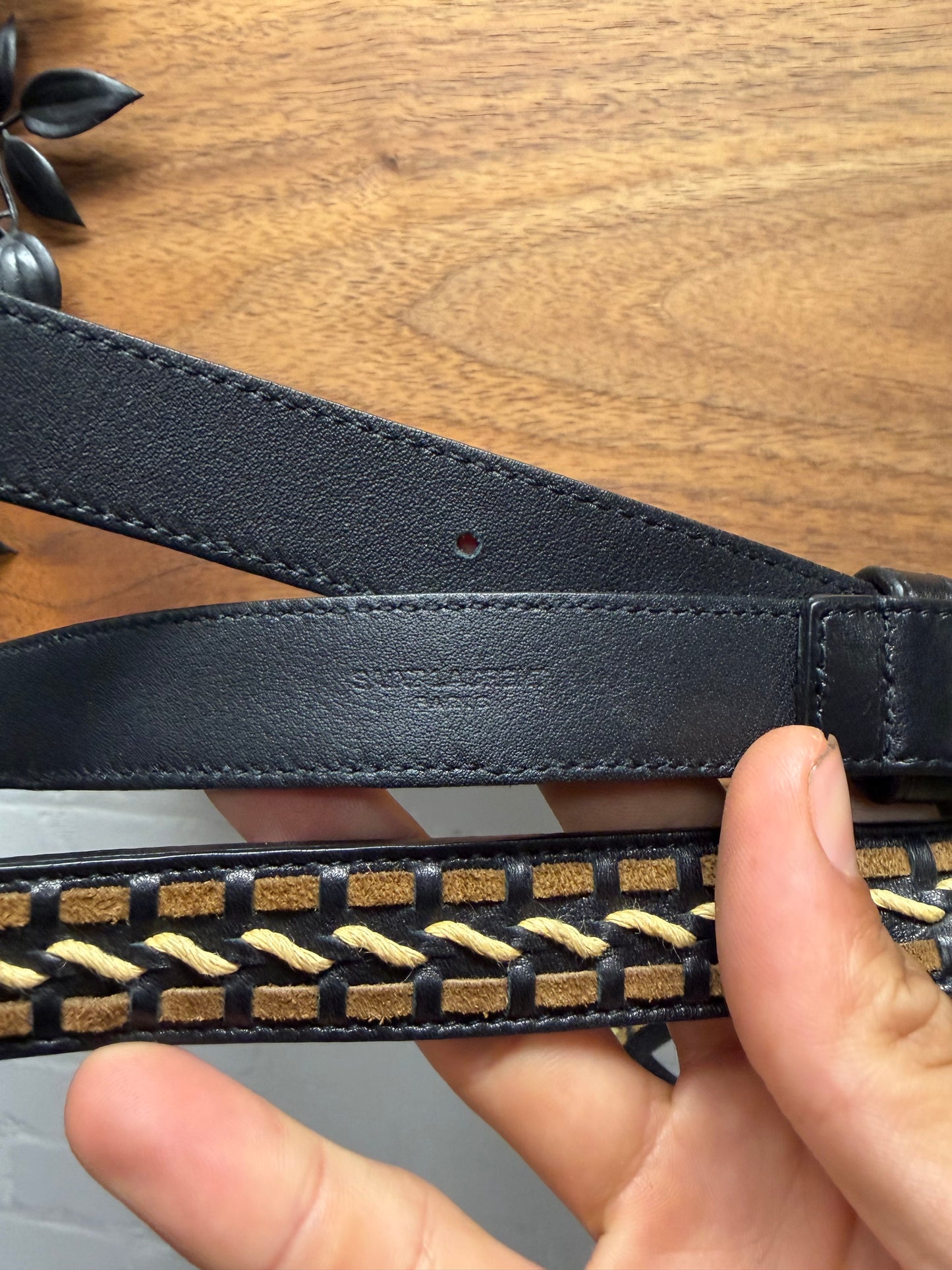 Saint Laurent Woven Black/Brown Thin Leather Belt