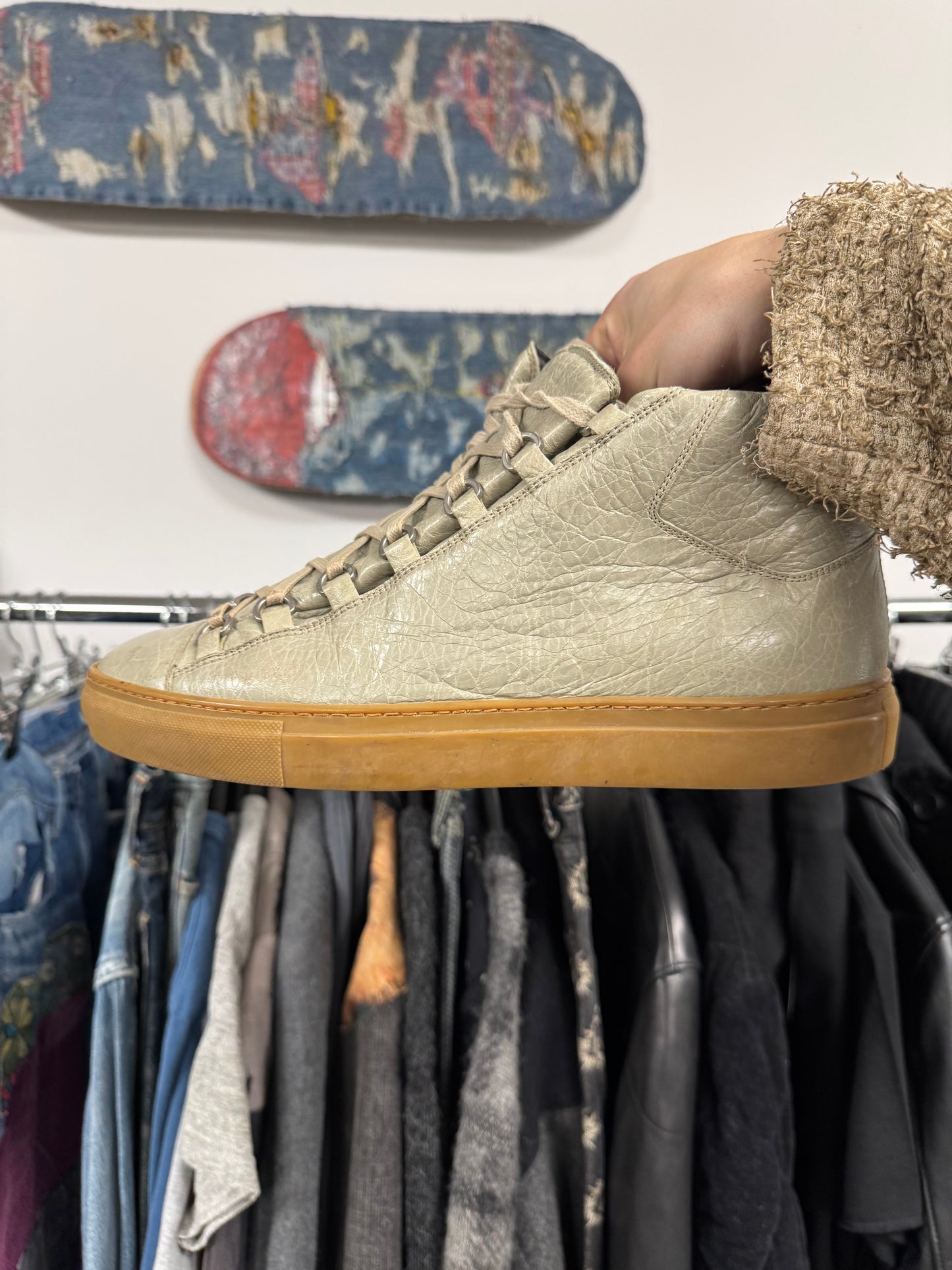 Balenciaga ‘Arena’ Calfskin Leather Grey/Gum Sole High Top Sneakers