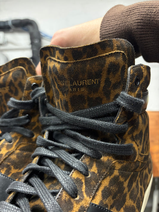 Saint Laurent ‘SL/10H’ Leopard Suede/Black Leather Court High Top Sneakers