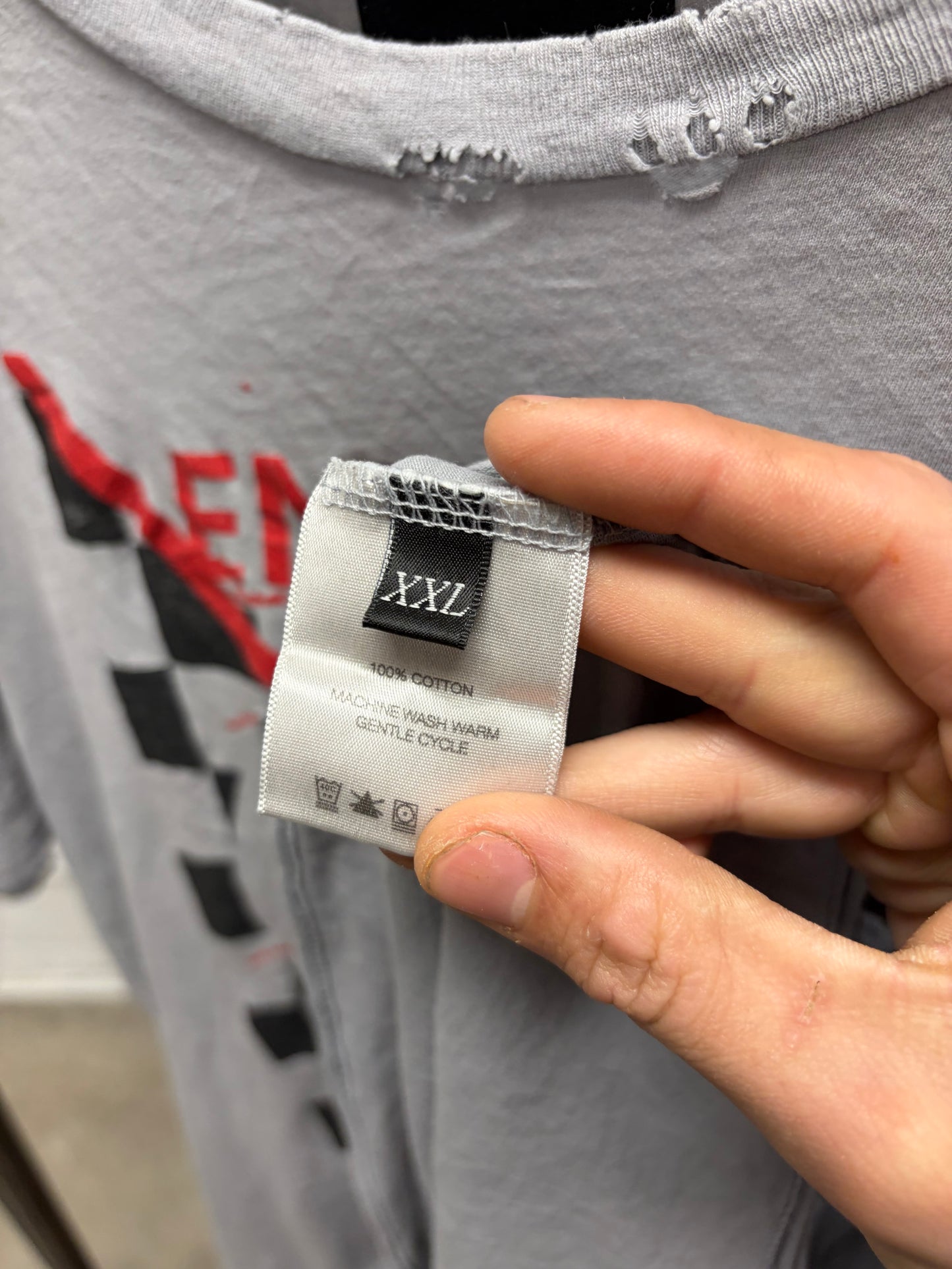 SS2025 Enfants Riches Deprimes ‘Checkered Fan’ Distressed Grey Cotton T-Shirt