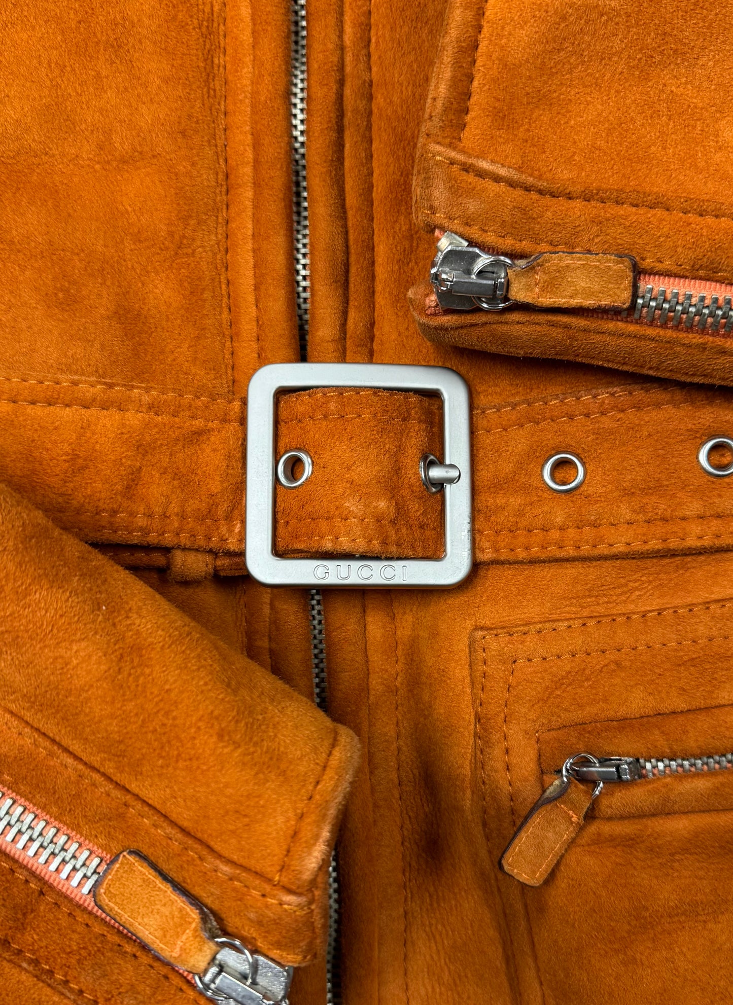 AW1995 Gucci by Tom Ford Orange Shearling Lined Suede Belted Jacket