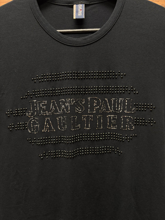 Vintage Jean Paul Gaultier Studded Chest Logo Black Cotton T-Shirt