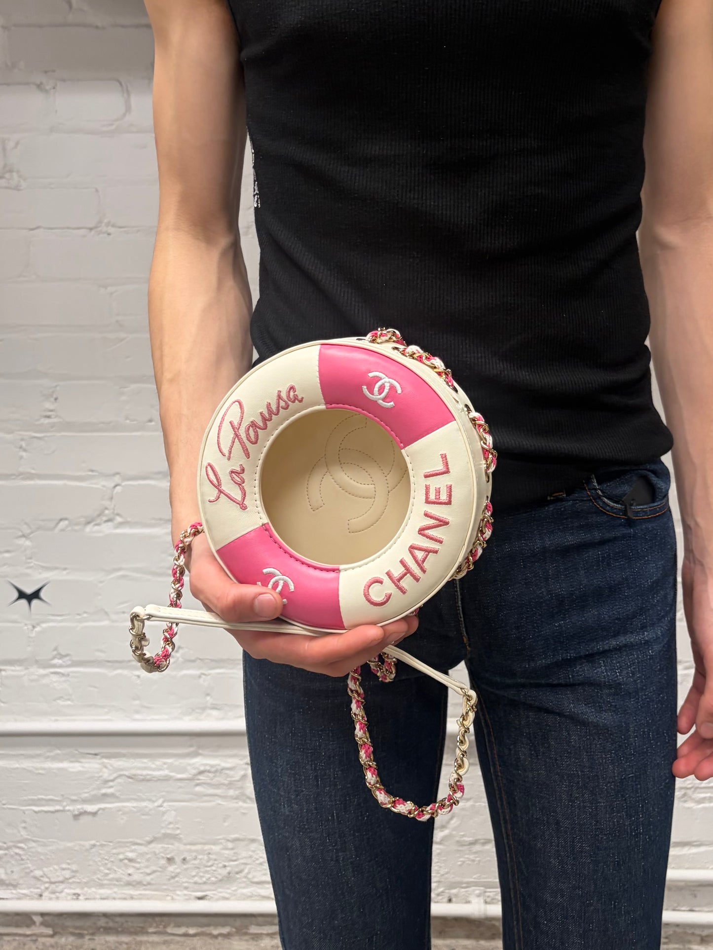 2019 Chanel ‘La Pausa’ Pink/White Lifesaver Rounded Crossbody Bag