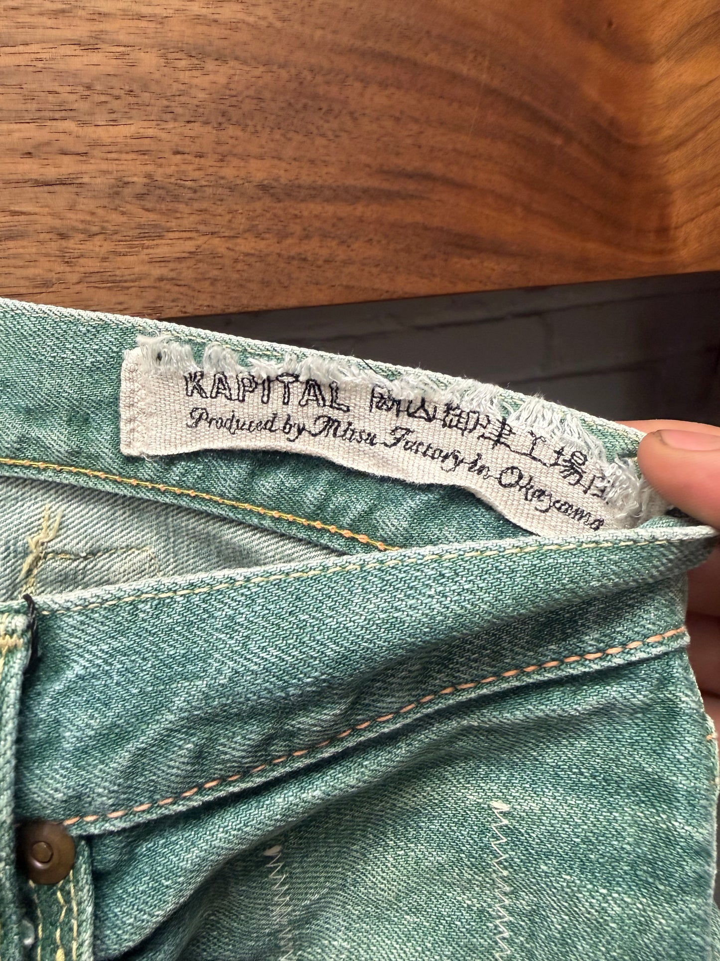 Kapital ‘Seafoam Green’ Buckle-Back Raw Bootcut Denim