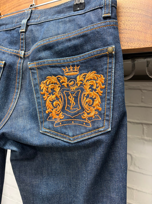 Vintage Yves Saint Laurent Rive Gauche ‘YSL Crest’ Flared Low-Rise Skinny Jeans