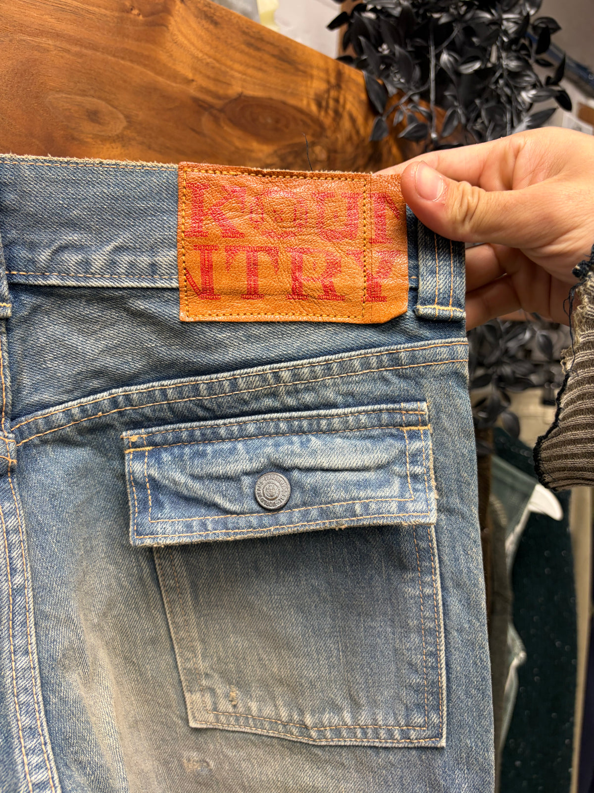Kapital Low Rise Dirt Washed Blue ‘Snap Front Pocket’ Sashiko Repaired Skinny Jeans