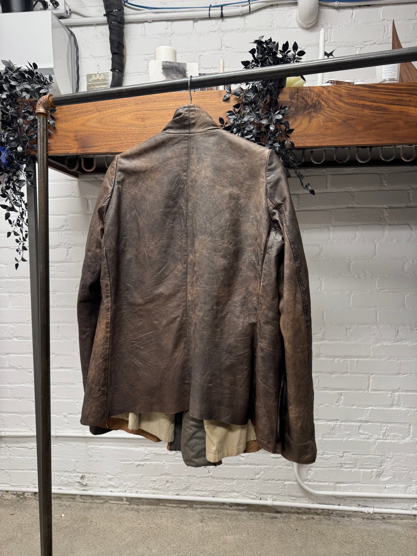 2000s Rick Owens O&M Era High Neck Collared ‘Dust’ Leather Jacket.