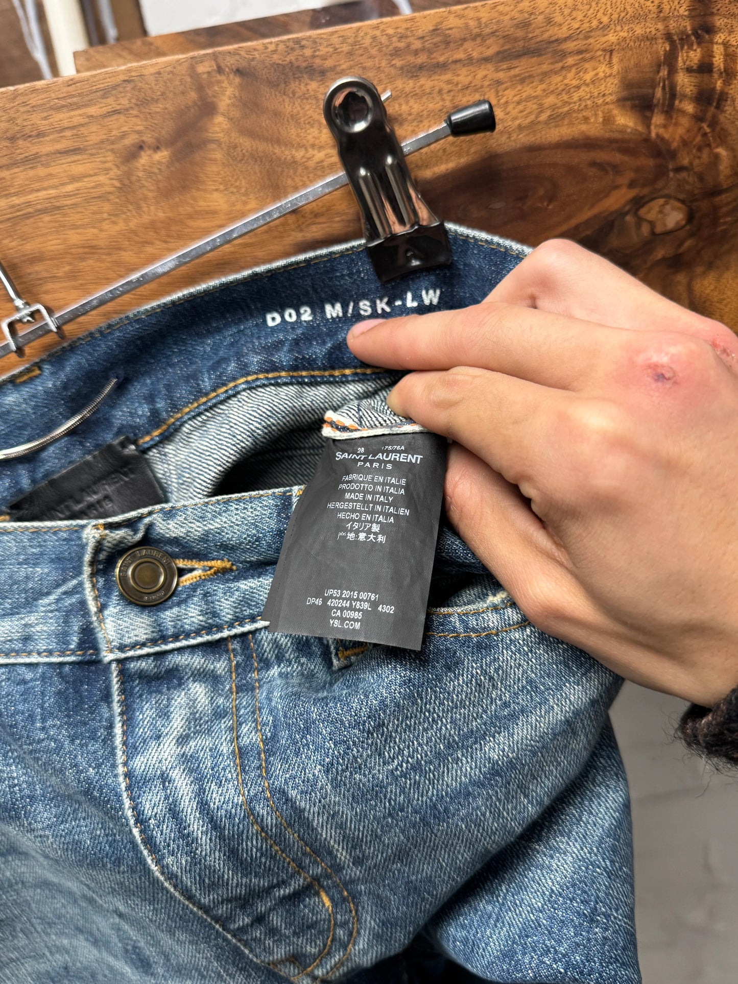 2015 Saint Laurent by Hedi Slimane ‘D02’ Knee Distressed Blue Skinny Jeans