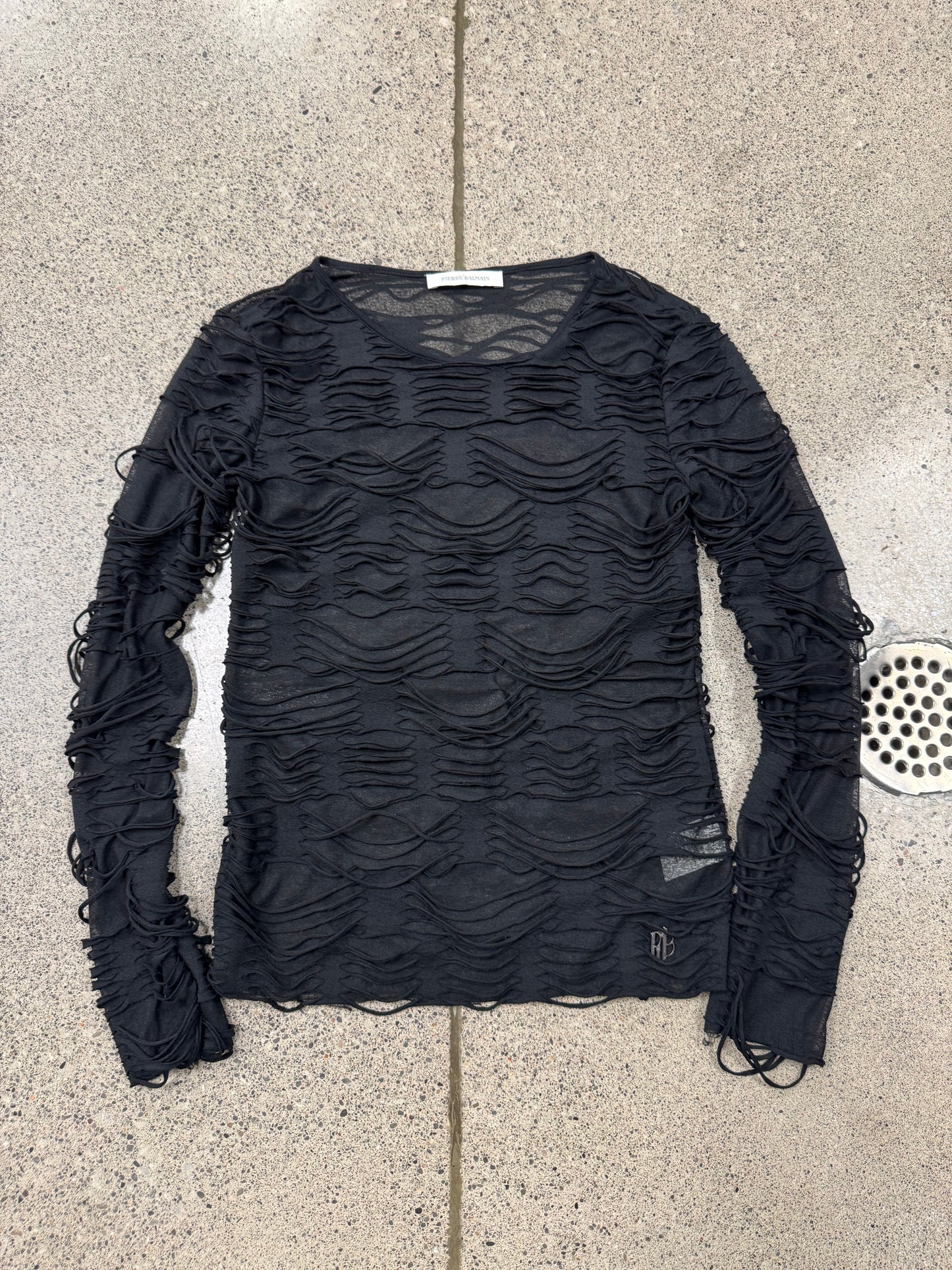 Balmain Loose Gauge Black Distressed Mesh Layered Sweater