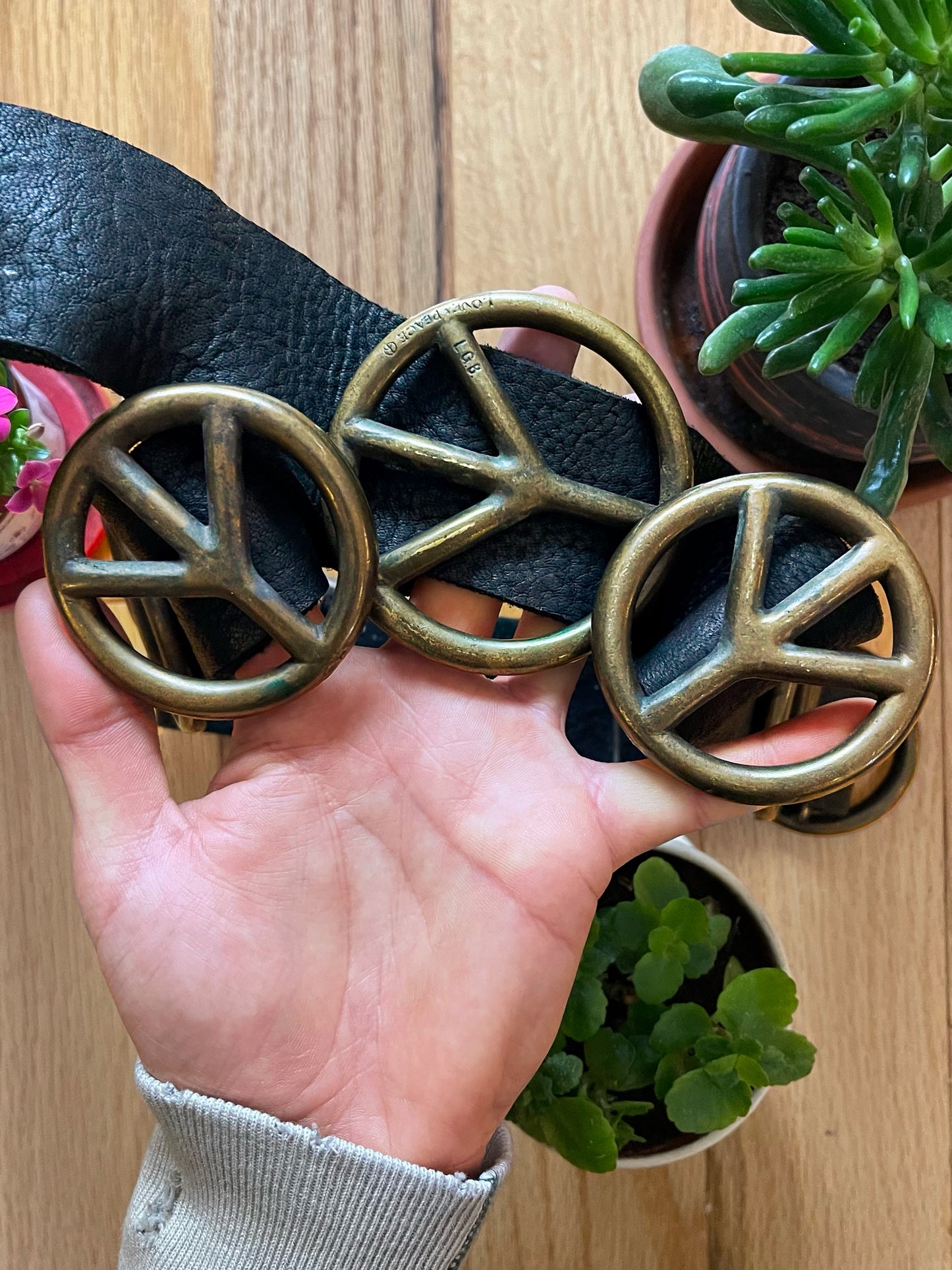 LGB Raw Leather Peace Motif Brass Buckle Belt