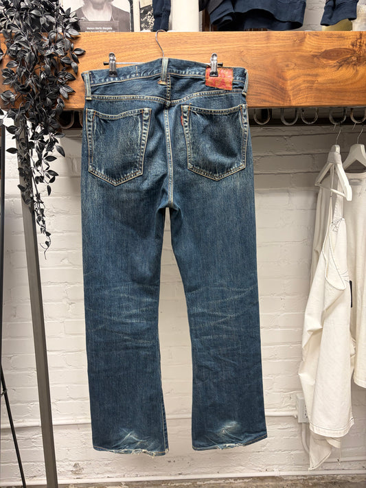 Kapital Raw Washed Blue Selvedge Flared Cut Jeans
