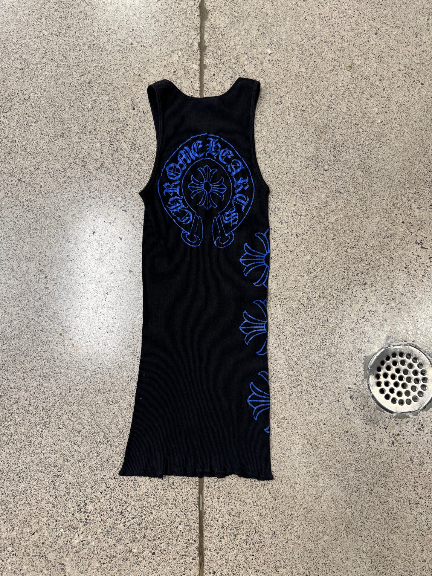 Chrome Hearts Blue Plus Cross Ribbed Black Tank Top