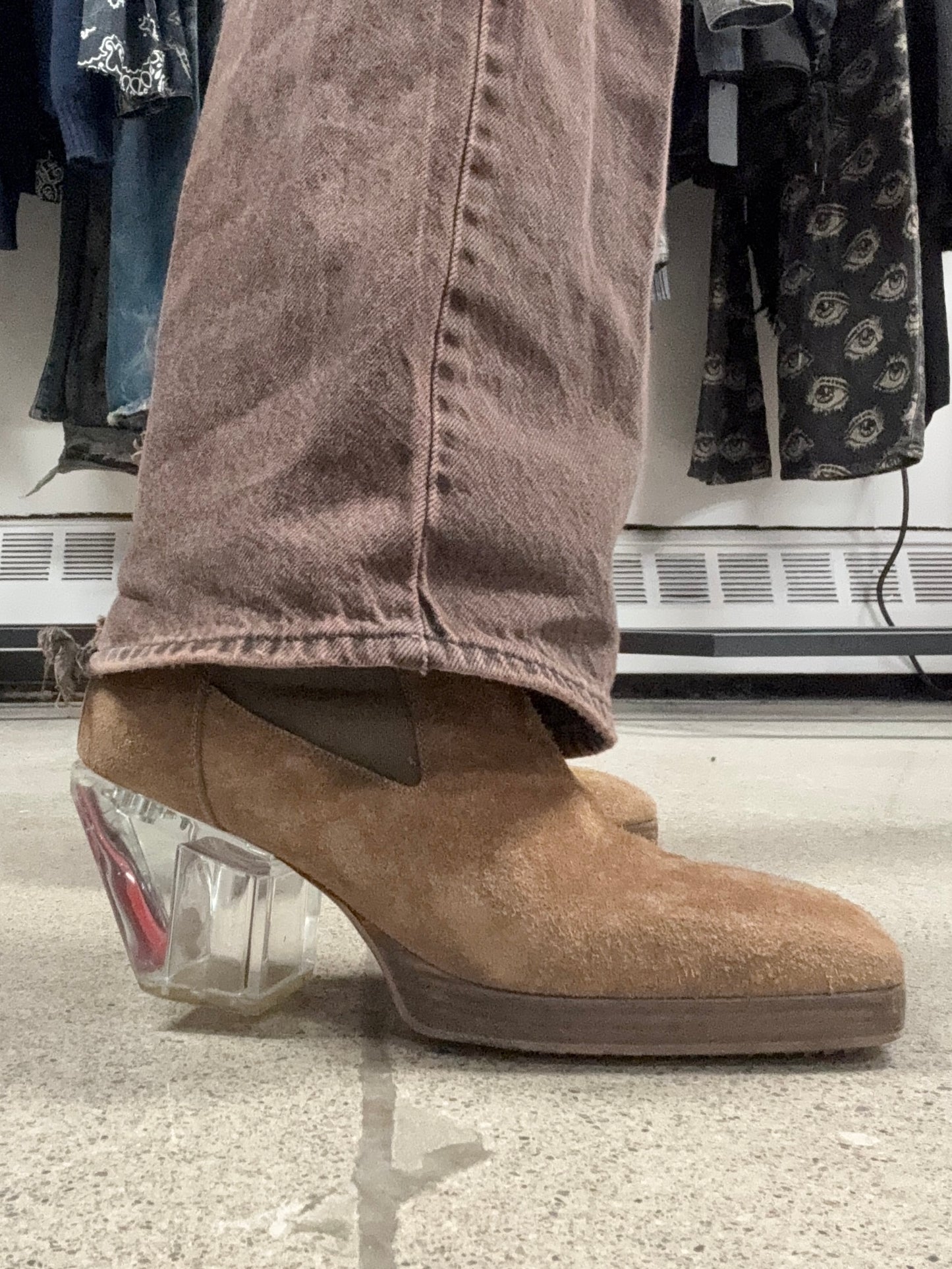 Rick Owens Brown Suede Clear Cuban Heel Platform Boots