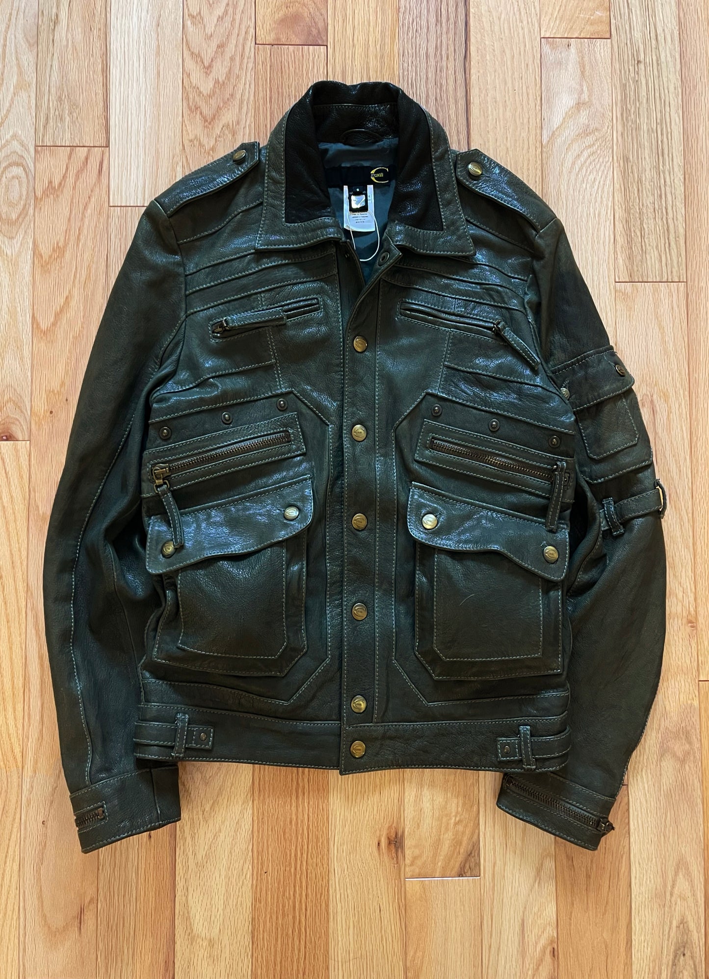 2000’s Roberto Cavalli ‘Moss Green’ Cargo Pocket Leather Jacket