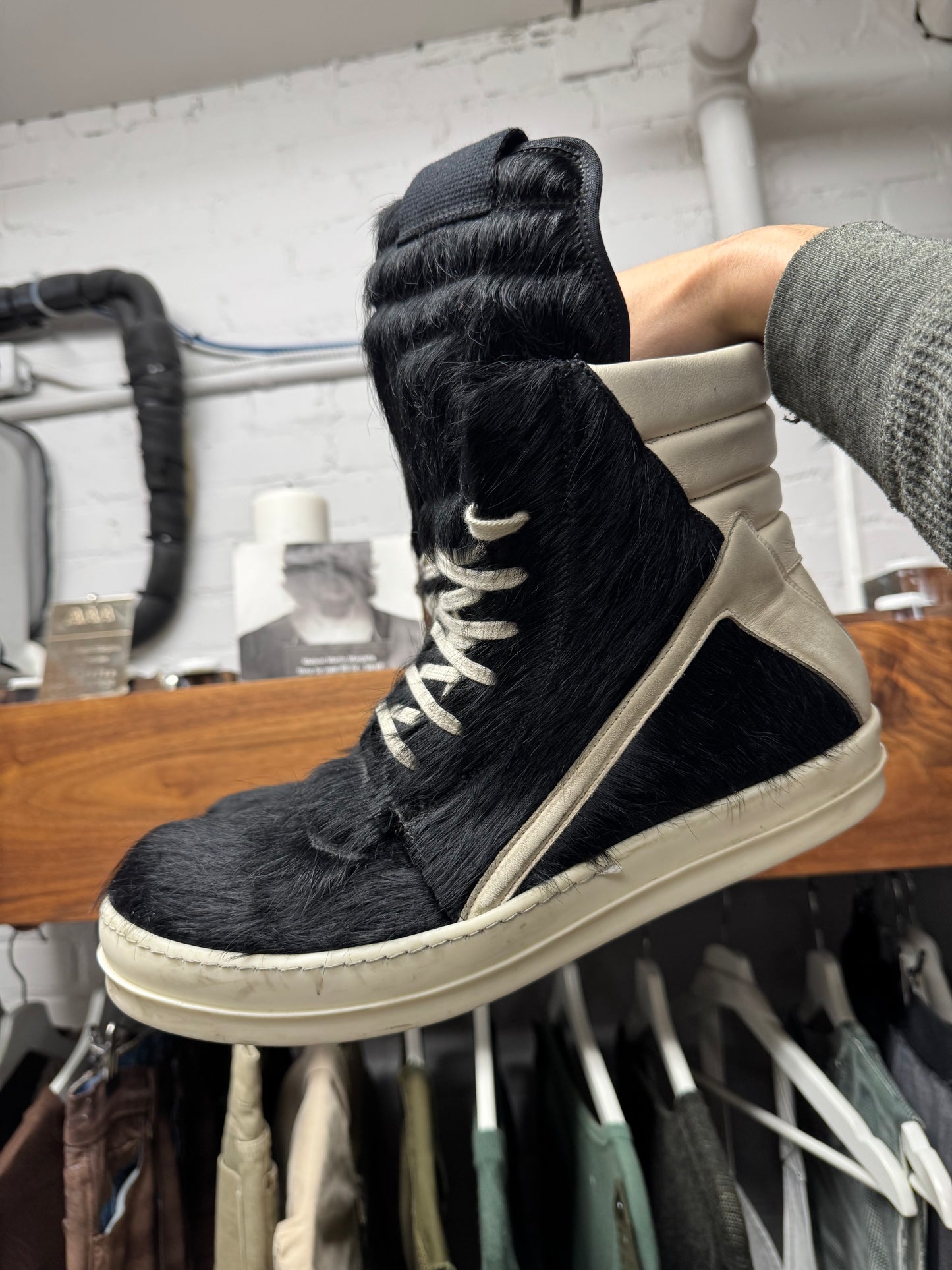 Rick Owens ‘Pony Hair’ Black/Milk ‘Geobasket’ High Top Sneakers