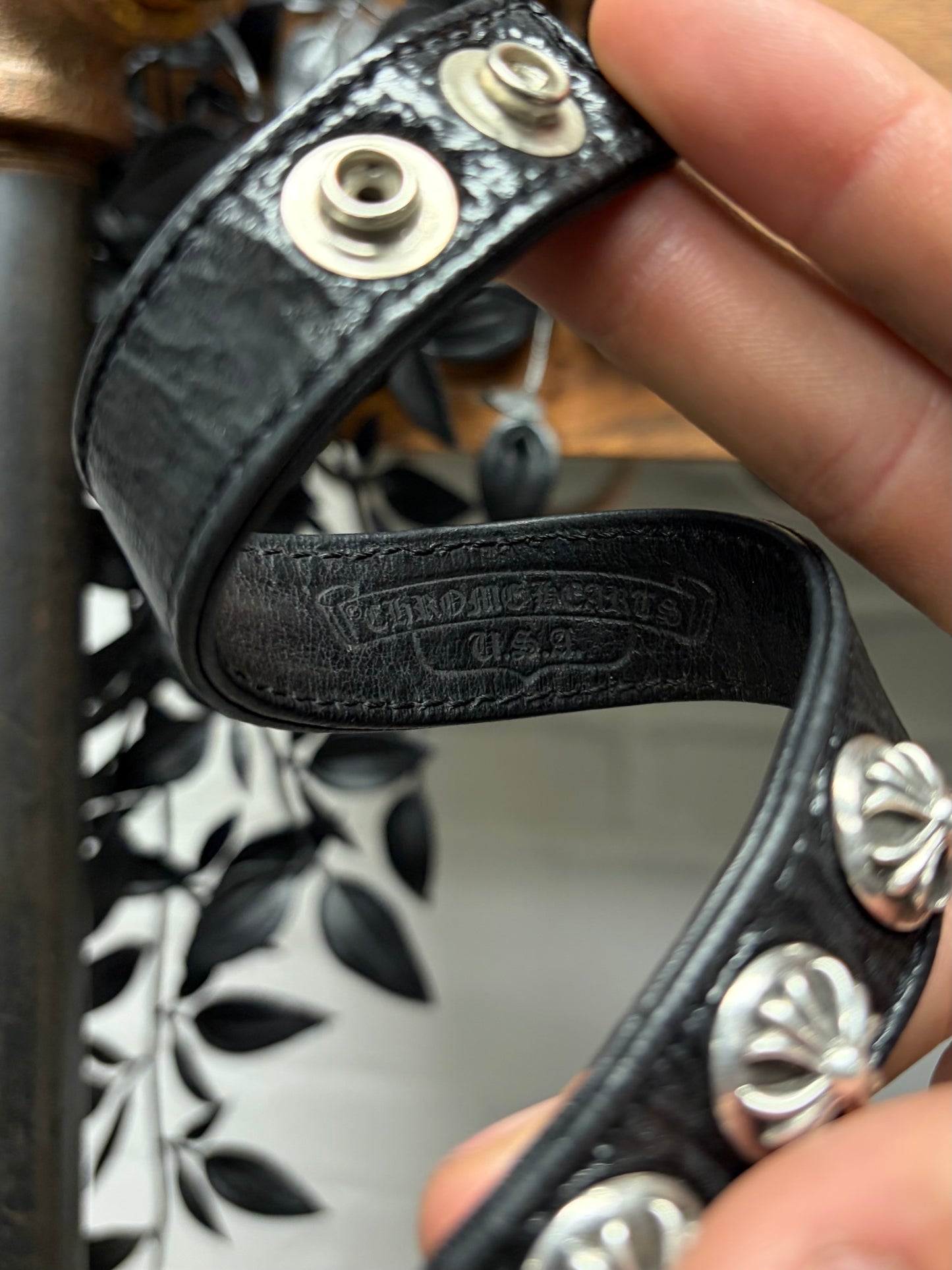 Chrome Hearts ‘Cross Ball’ Button Snap 925 Silver Leather Cuff Bracelet