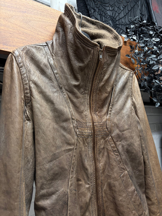 Rick Owens ‘Dust’ Brown Leather ‘Exploder’ O&M Era High Neck Jacket