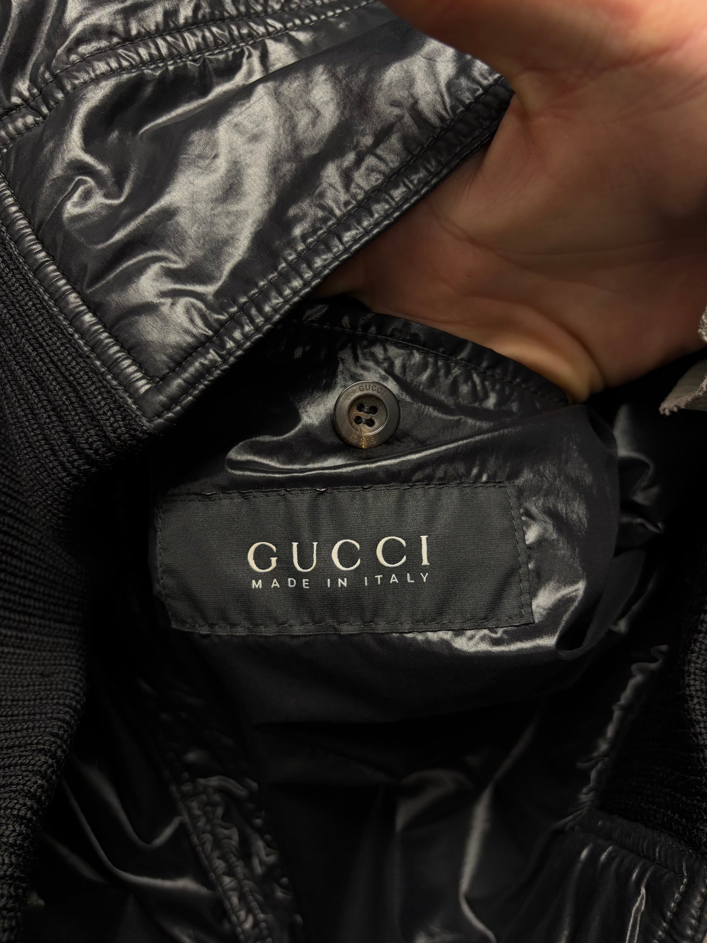 2000s Gucci by Frida Giannini Waxed Black Down Filled Jacket with Leather Crest Patch