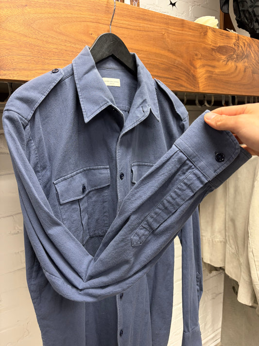 Dries Van Noten Uniform Blue Military Epaulette Button Up Shirt