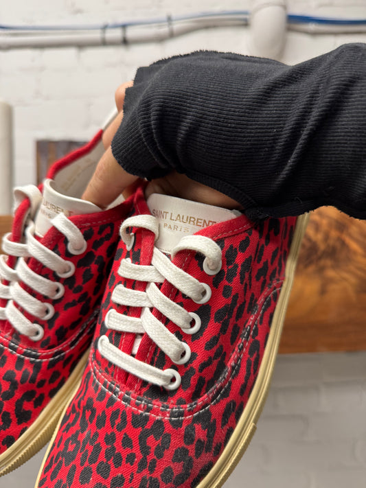 Saint Laurent ‘Babycat’ Red Leopard Print Low Top Sneakers