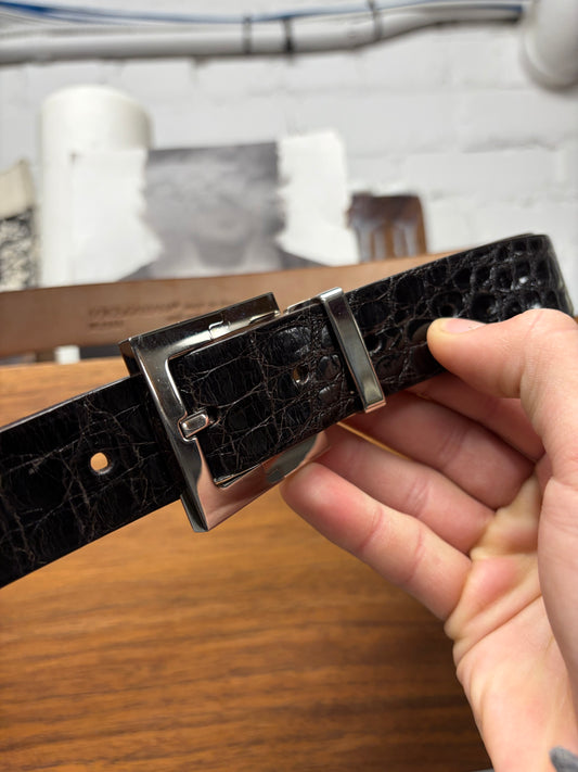 Dolce & Gabbana Genuine Crocodile Black Leather Belt with Silver Square Buckle