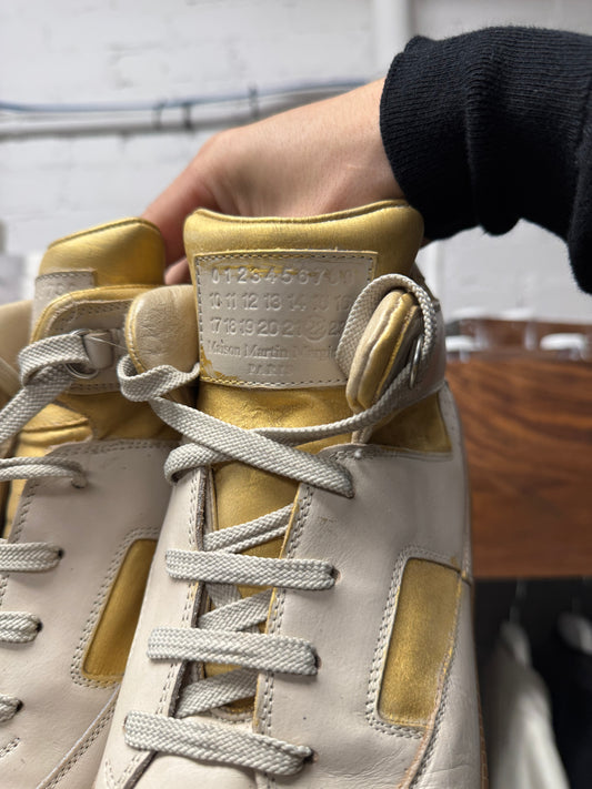 Maison Margiela ‘G.A.T.’ White/Gold Leather High Top Sneakers