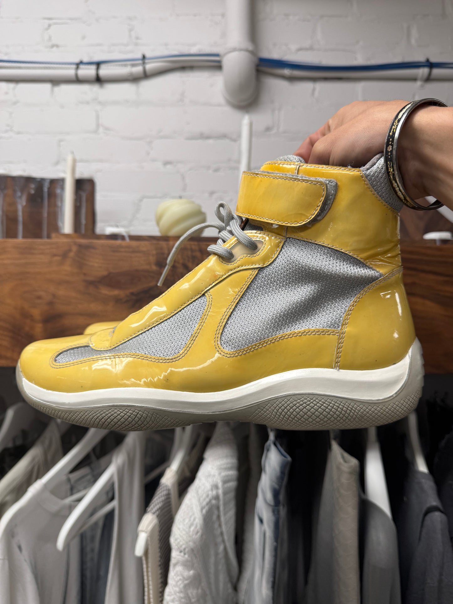 2000s Prada ‘Americas Cup’ Bike Yellow/Grey Patent Leather High Top Sneakers