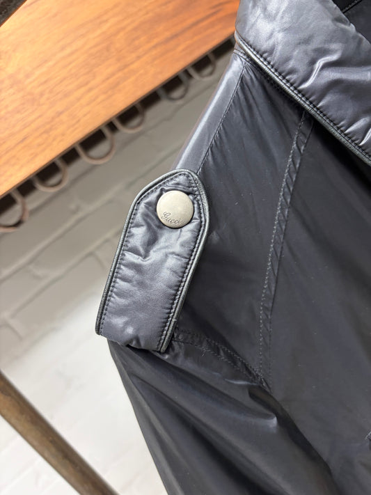 2000s Gucci Black Nylon Slim Cut Biker Jacket with Shoulder Epaulettes