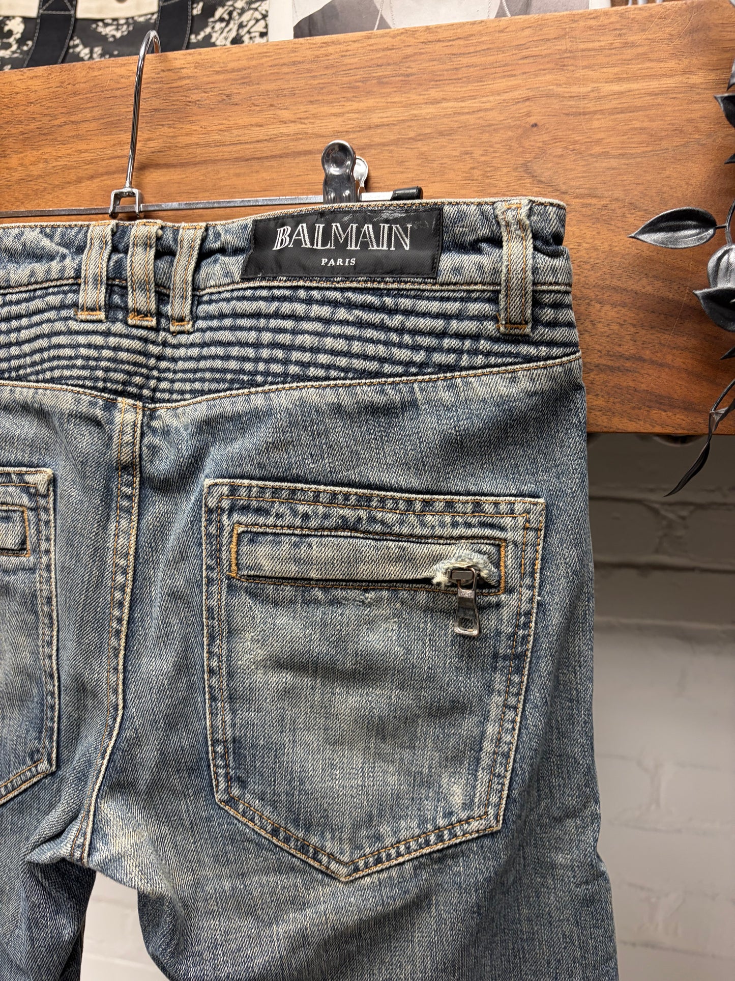 Balmain Raw Washed Blue Classic Biker Knee Denim