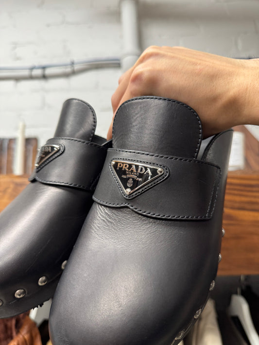 Prada Leather Studded Wood Sole Clogs