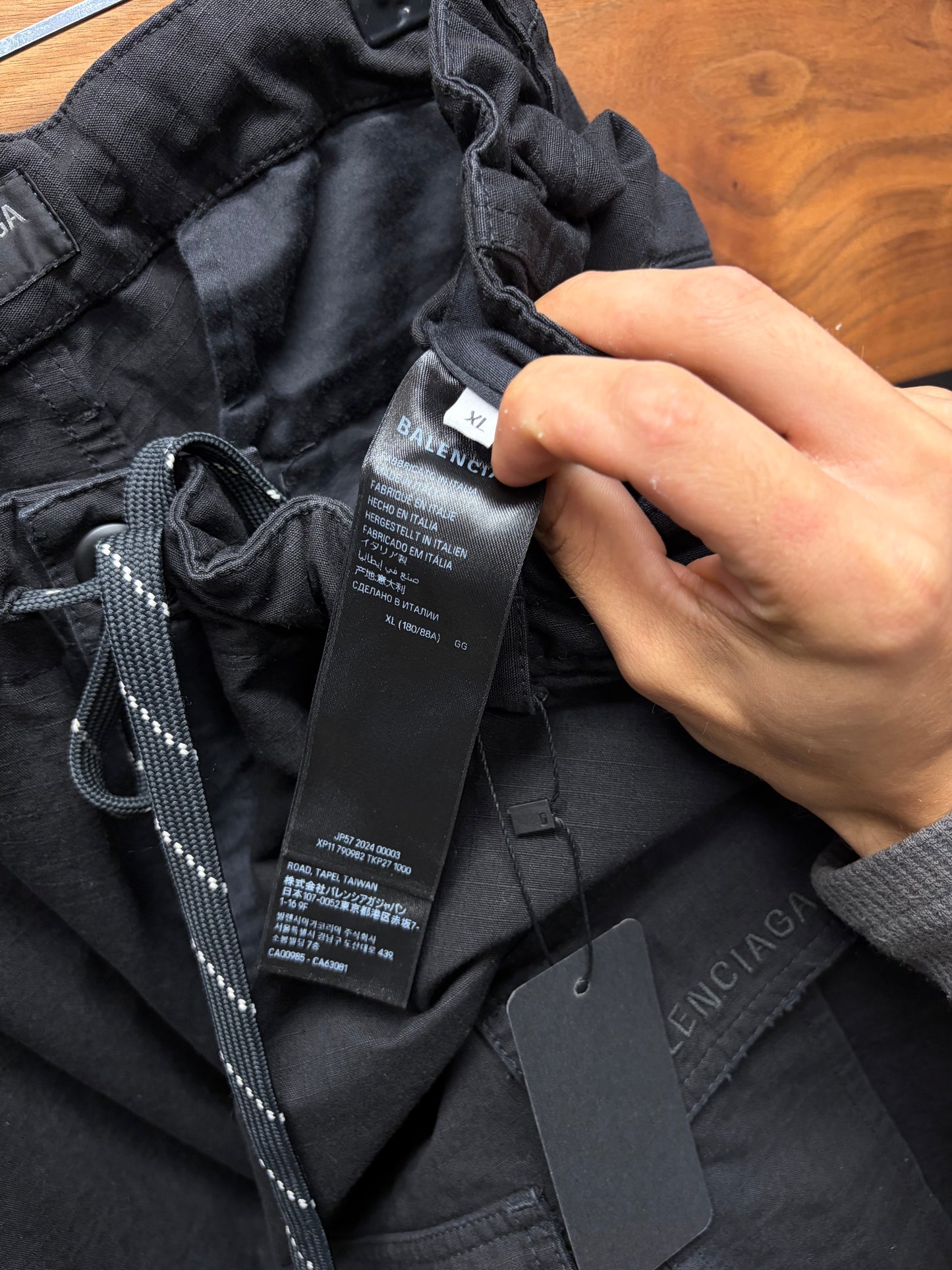 2024 Balenciaga ‘Convertible’ Faded Black Ripstop Drawstring Wide Leg Cargo Pants