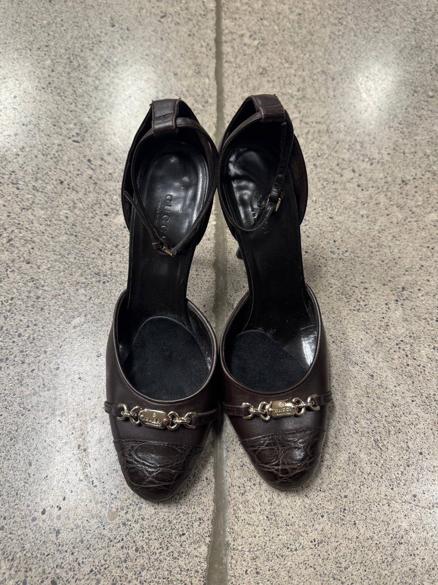 Gucci Brown ‘Bordeaux’ Leather Ankle Strap Heels