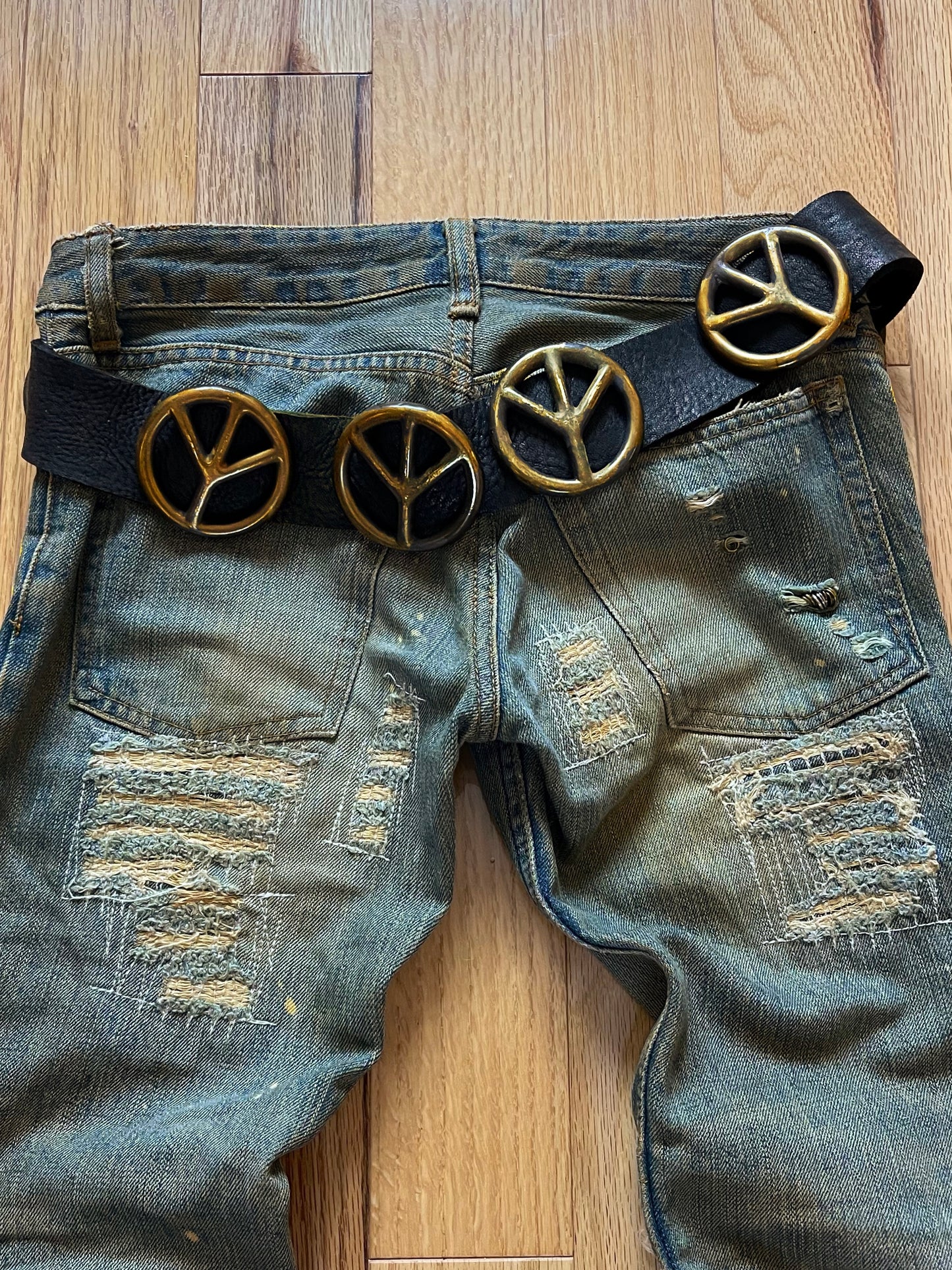 LGB Raw Leather Peace Motif Brass Buckle Belt