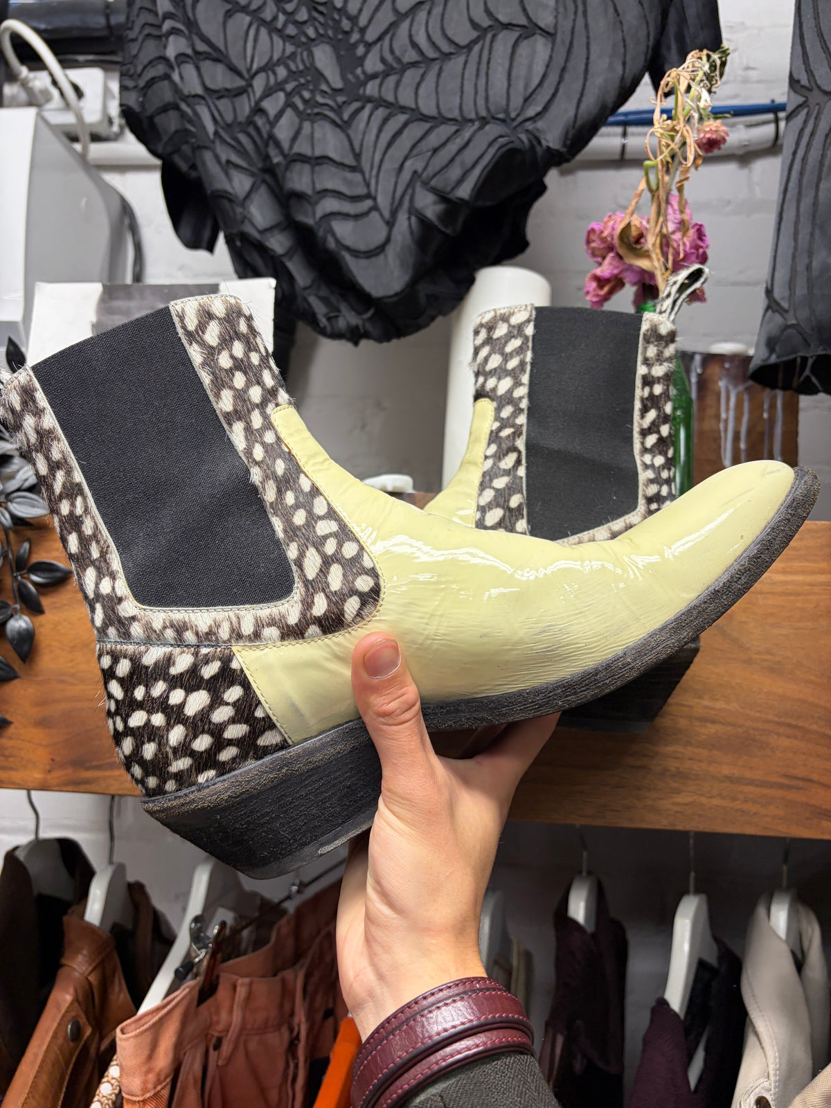 Haider Ackermann Pony Hair ‘Perito Baltoro’ Pointed Toe Patent Leather Chelsea Boots
