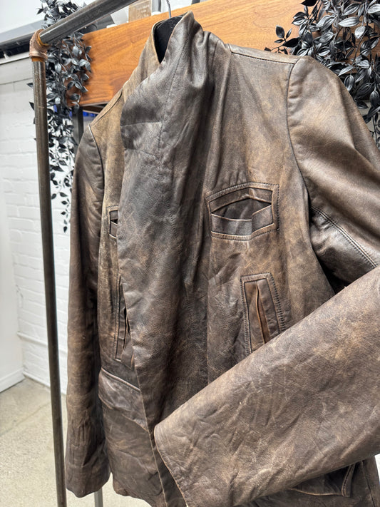 2000s Rick Owens O&M Era High Neck Collared ‘Dust’ Leather Jacket.